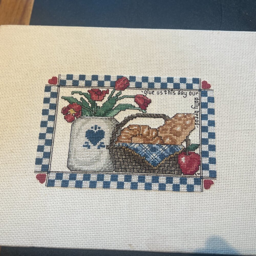 Vintage Finished Cross Stitch Picture "Give us this day, our daily bread"